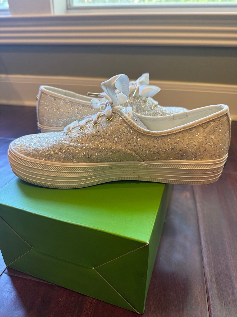 Keds x Kate Spade - Sparkle Platform Sneakers with Satin Laces - White - sz 9 - Picture 4 of 5